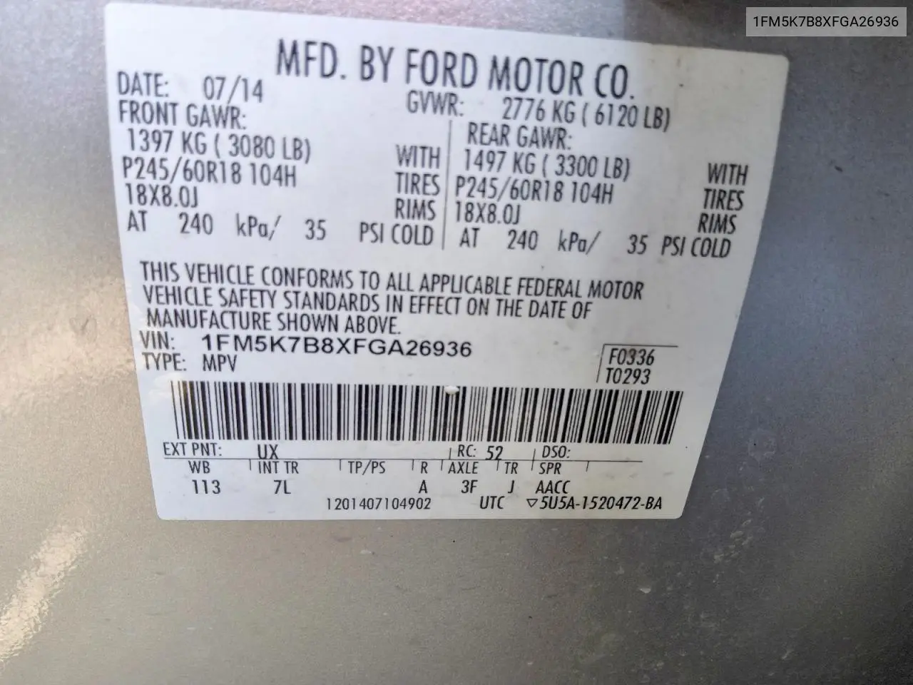 2015 FORD EXPLORER VIN 1FM5K7B8XFGA26936 — фото 5