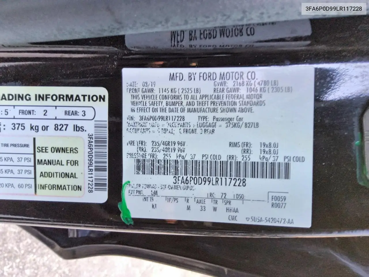 2020 FORD FUSION VIN 3FA6P0D99LR117228 — фото 5