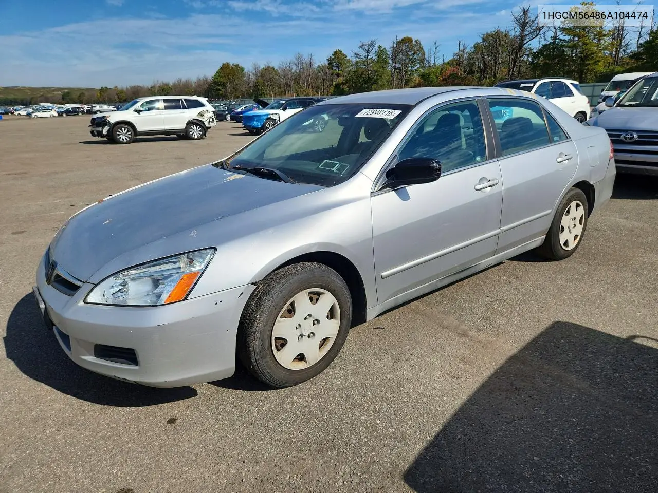HONDA ACCORD 2006, VIN 1HGCM56486A104474