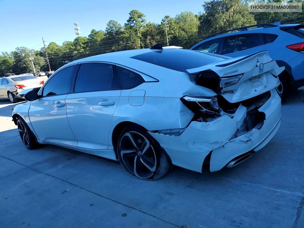 2021 HONDA ACCORD VIN 1HGCV2F31MA008881 — фото 2