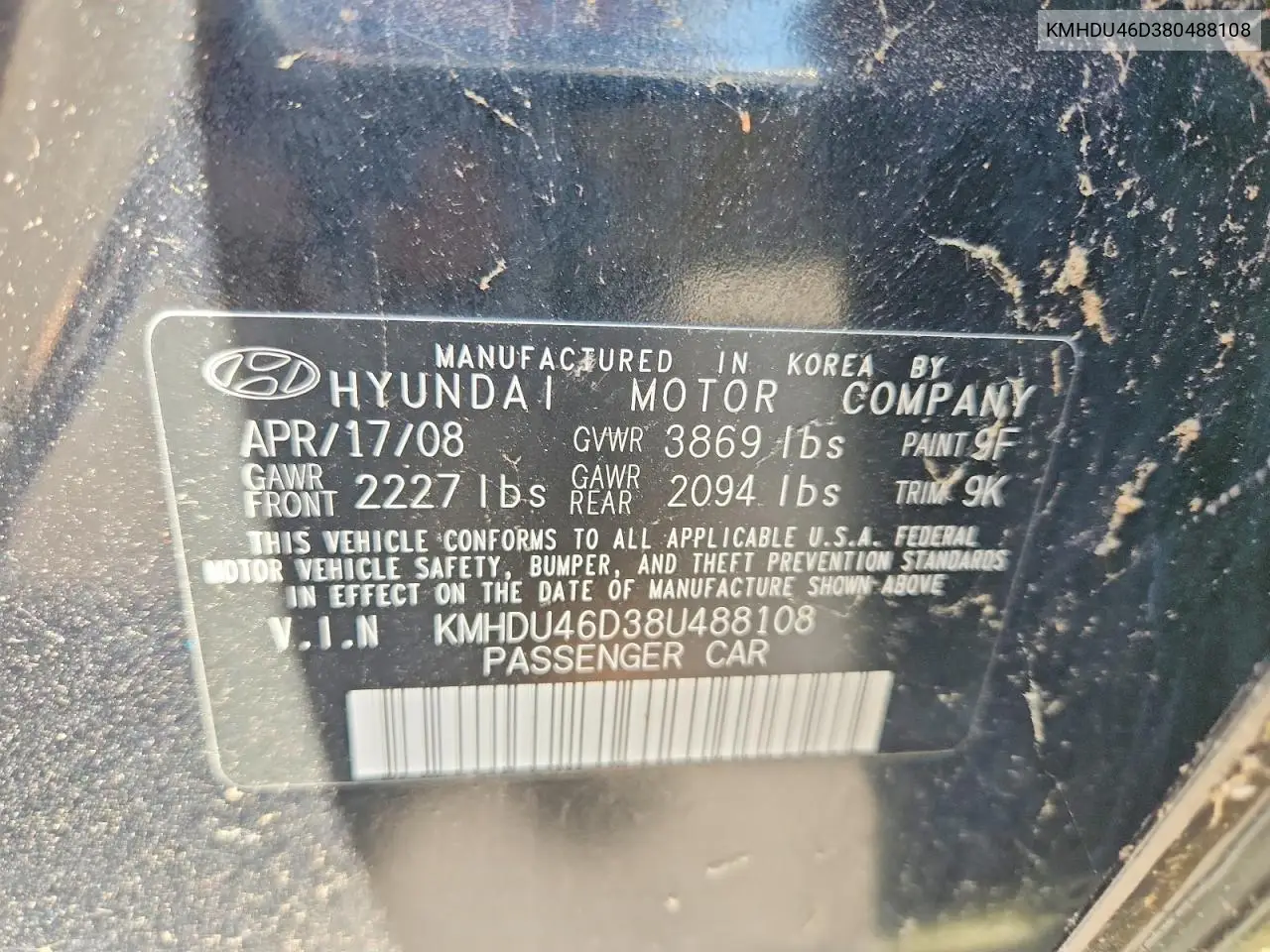 2008 HYUNDAI ELANTRA VIN KMHDU46D38U488108 — фото 12