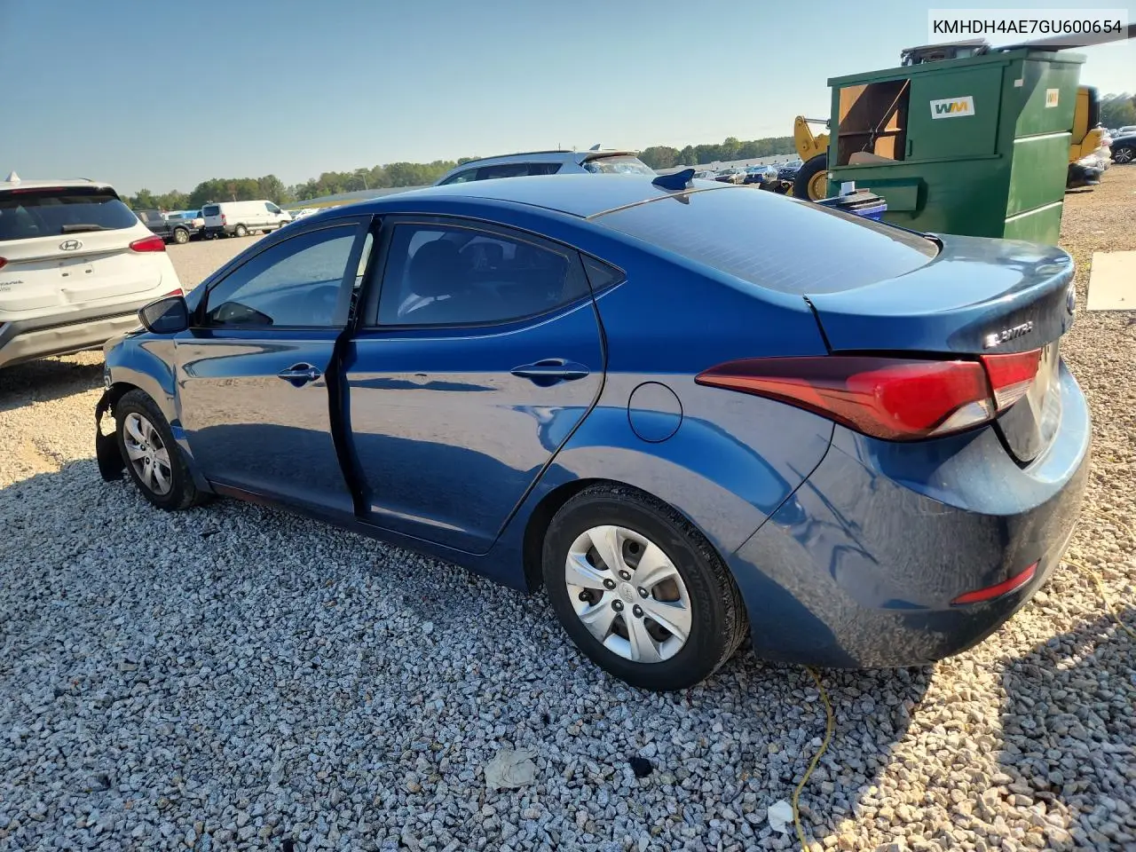 2016 HYUNDAI ELANTRA VIN KMHDH4AE7GU600654 — фото 2