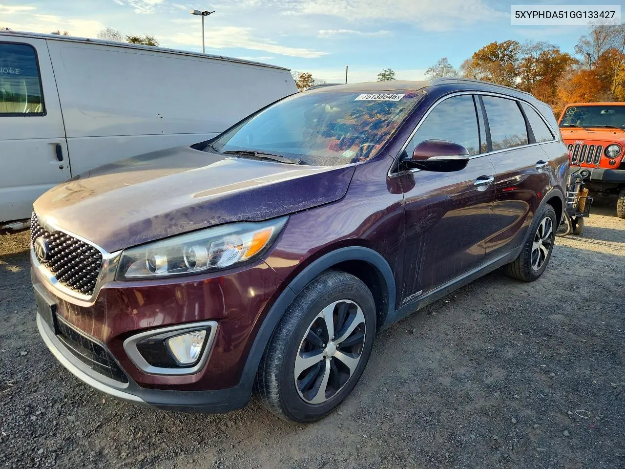 KIA SORENTO 2016, VIN 5XYPHDA51GG133427