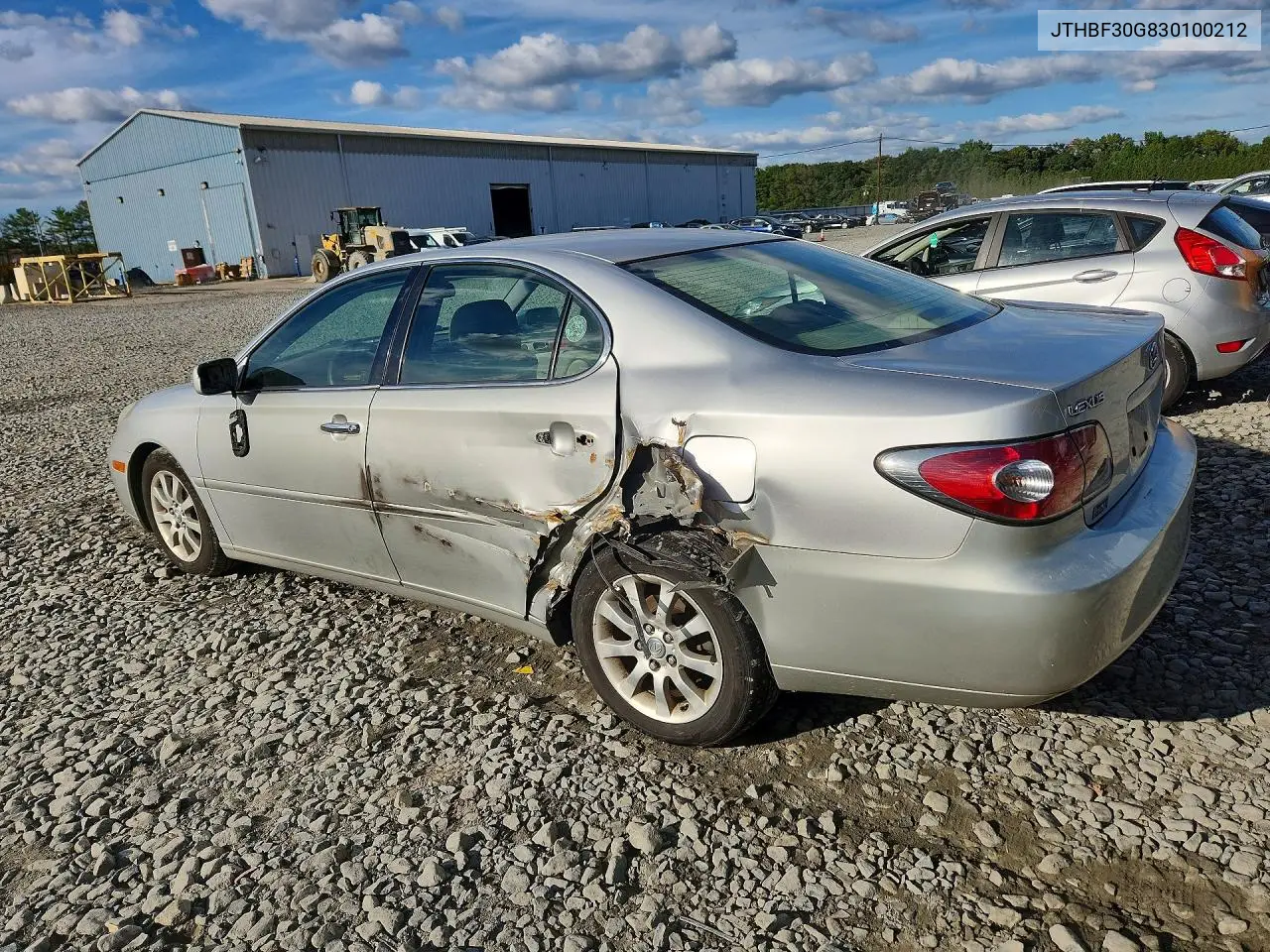 2003 LEXUS ES VIN JTHBF30G830100212 — фото 2