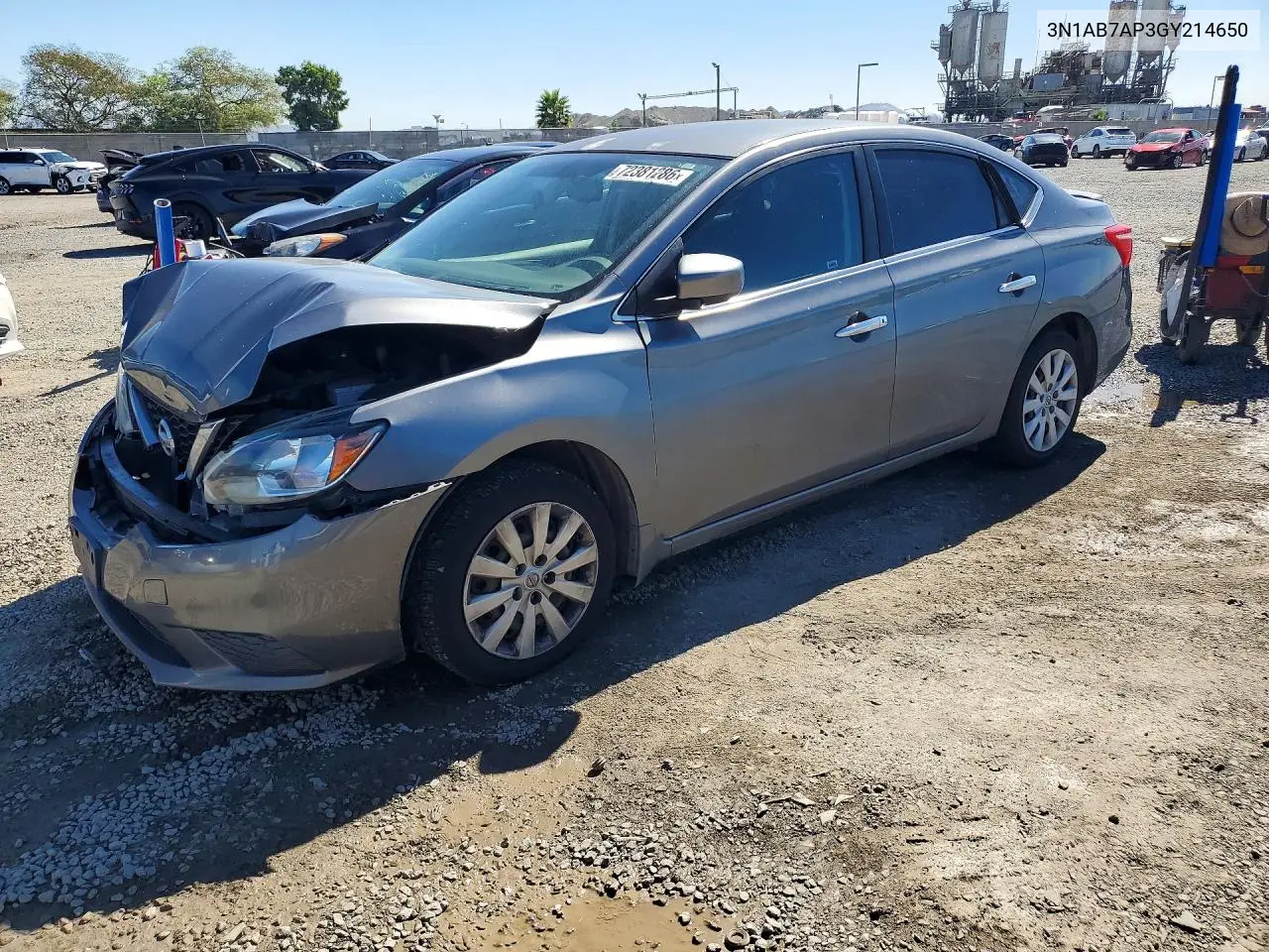 NISSAN SENTRA 2016, VIN 3N1AB7AP3GY214650