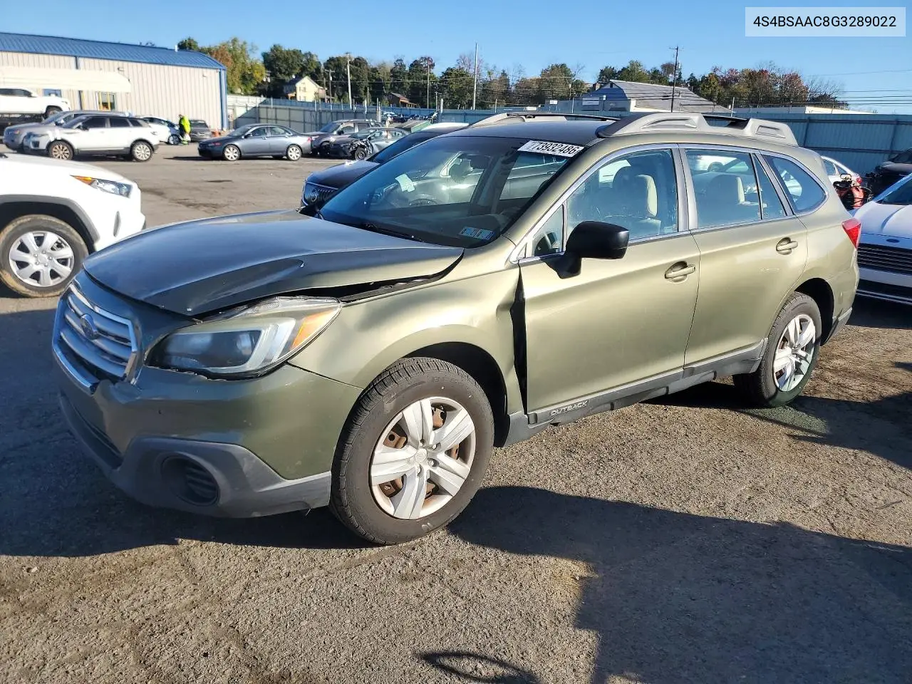 SUBARU OUTBACK 2016, VIN 4S4BSAAC8G3289022