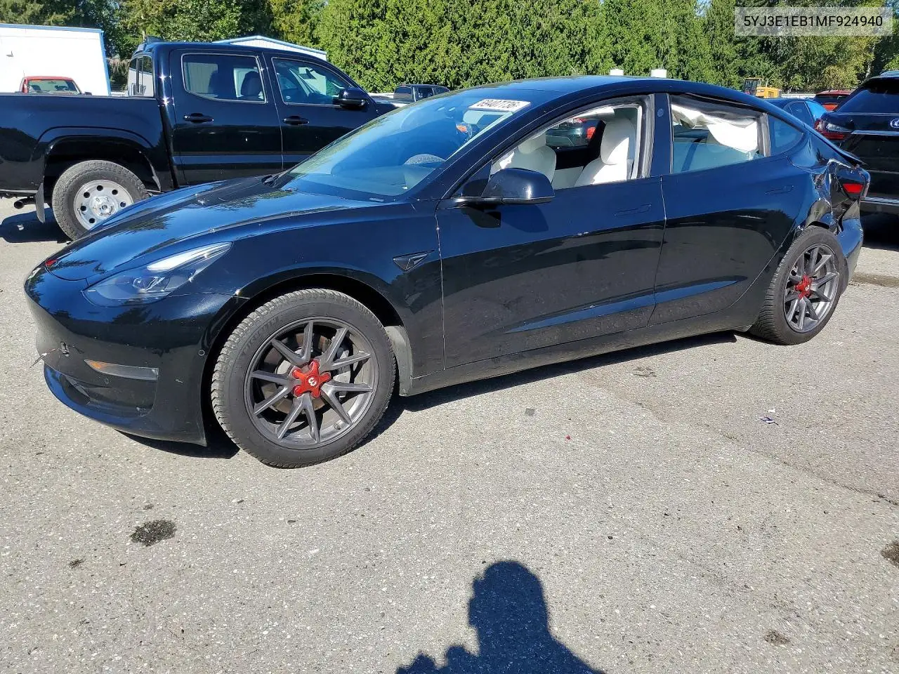 TESLA MODEL 3 2021, VIN 5YJ3E1EB1MF924940