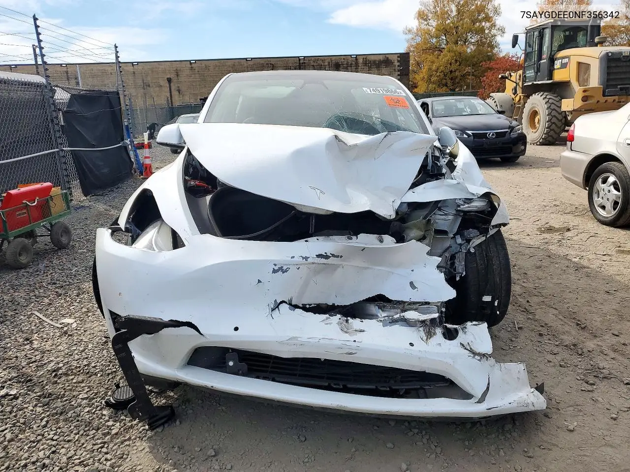 2022 TESLA MODEL Y VIN 7SAYGDEE0NF356342 — фото 5