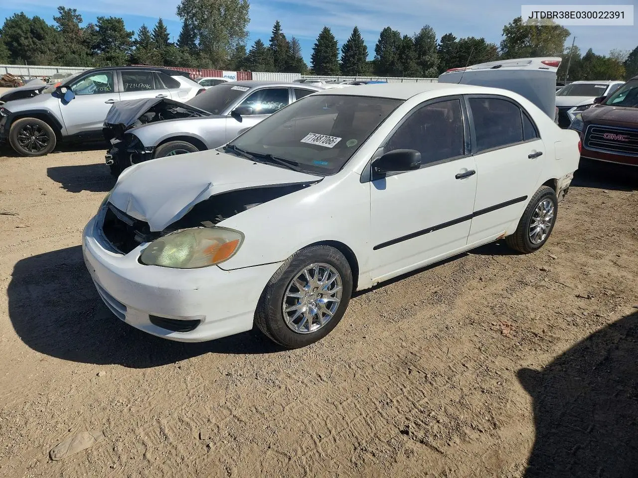 TOYOTA COROLLA 2003, VIN JTDBR38E030022391