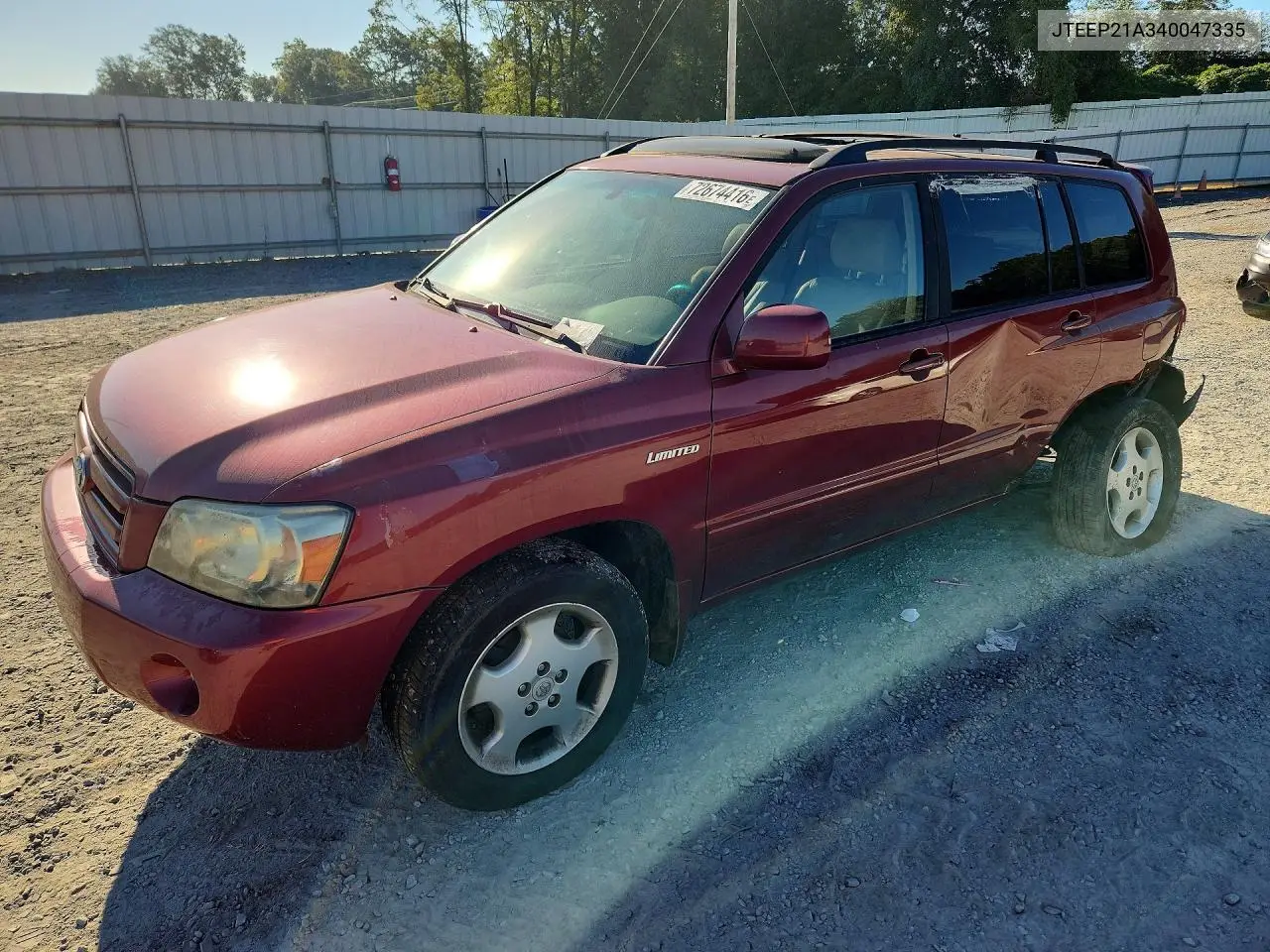 TOYOTA HIGHLANDER 2004, VIN JTEEP21A340047335