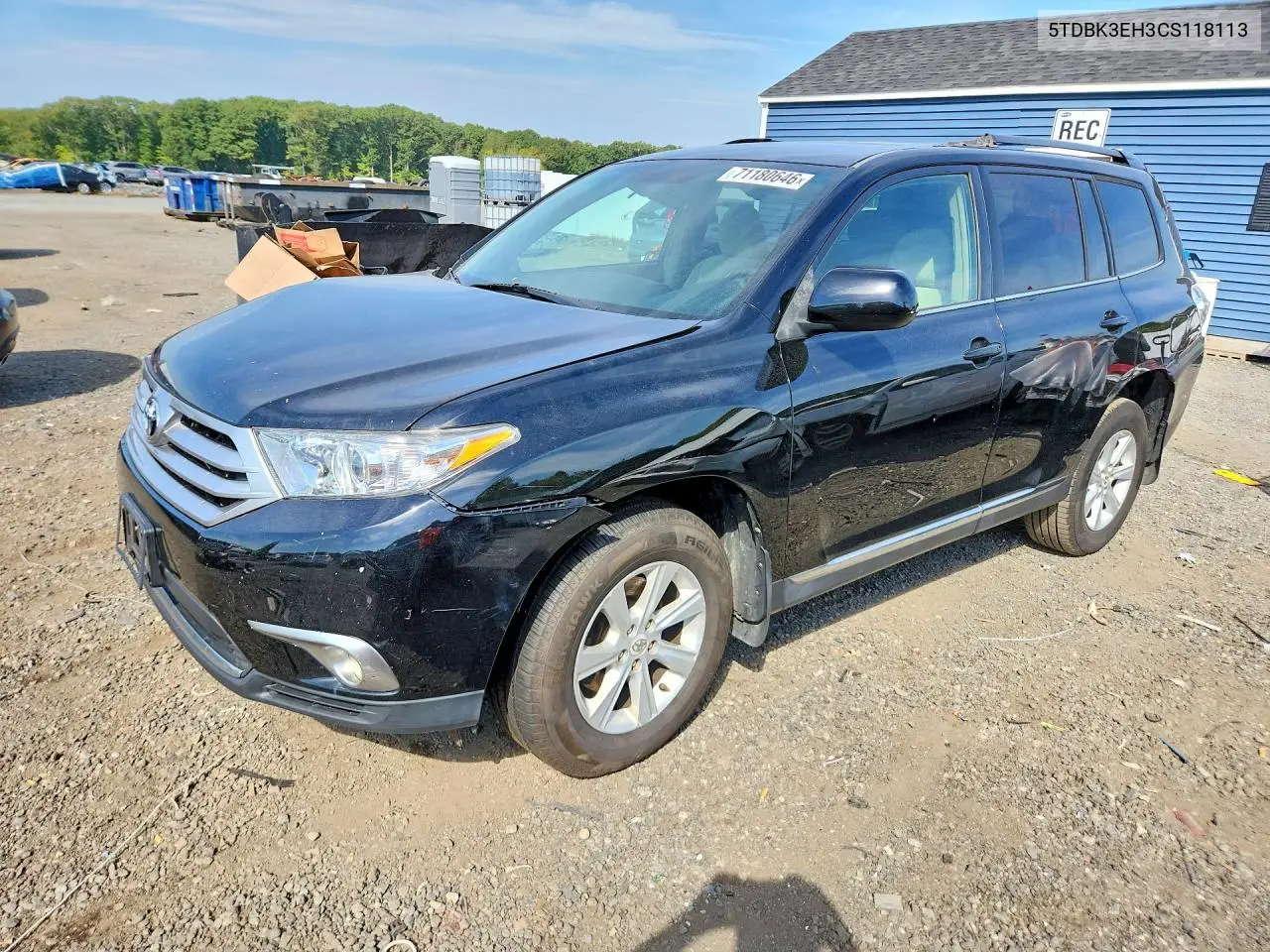 TOYOTA HIGHLANDER 2012, VIN 5TDBK3EH3CS118113