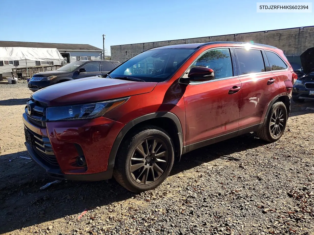 TOYOTA HIGHLANDER 2019, VIN 5TDJZRFH4KS602394