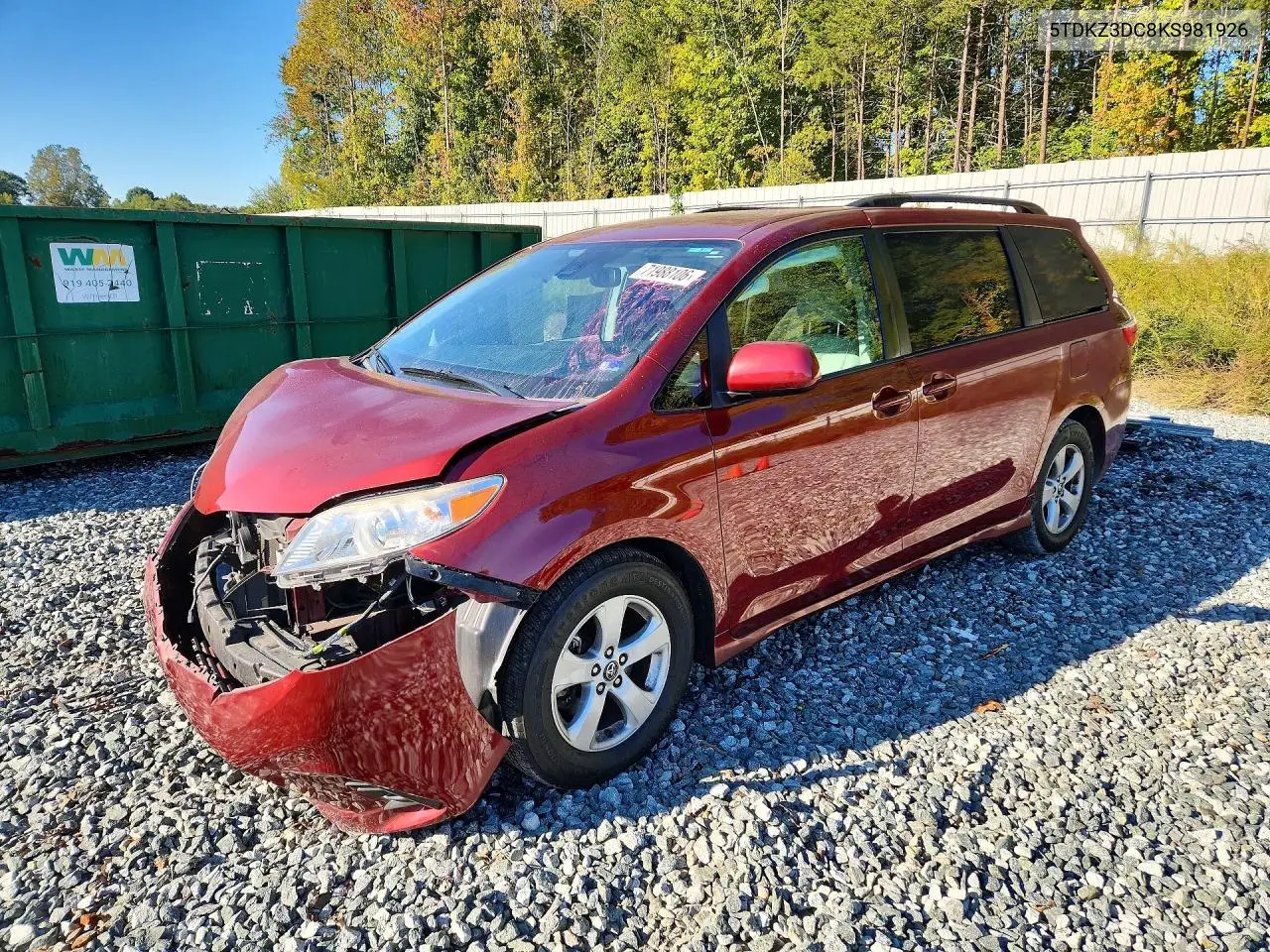 TOYOTA SIENNA 2019, VIN 5TDKZ3DC8KS981926