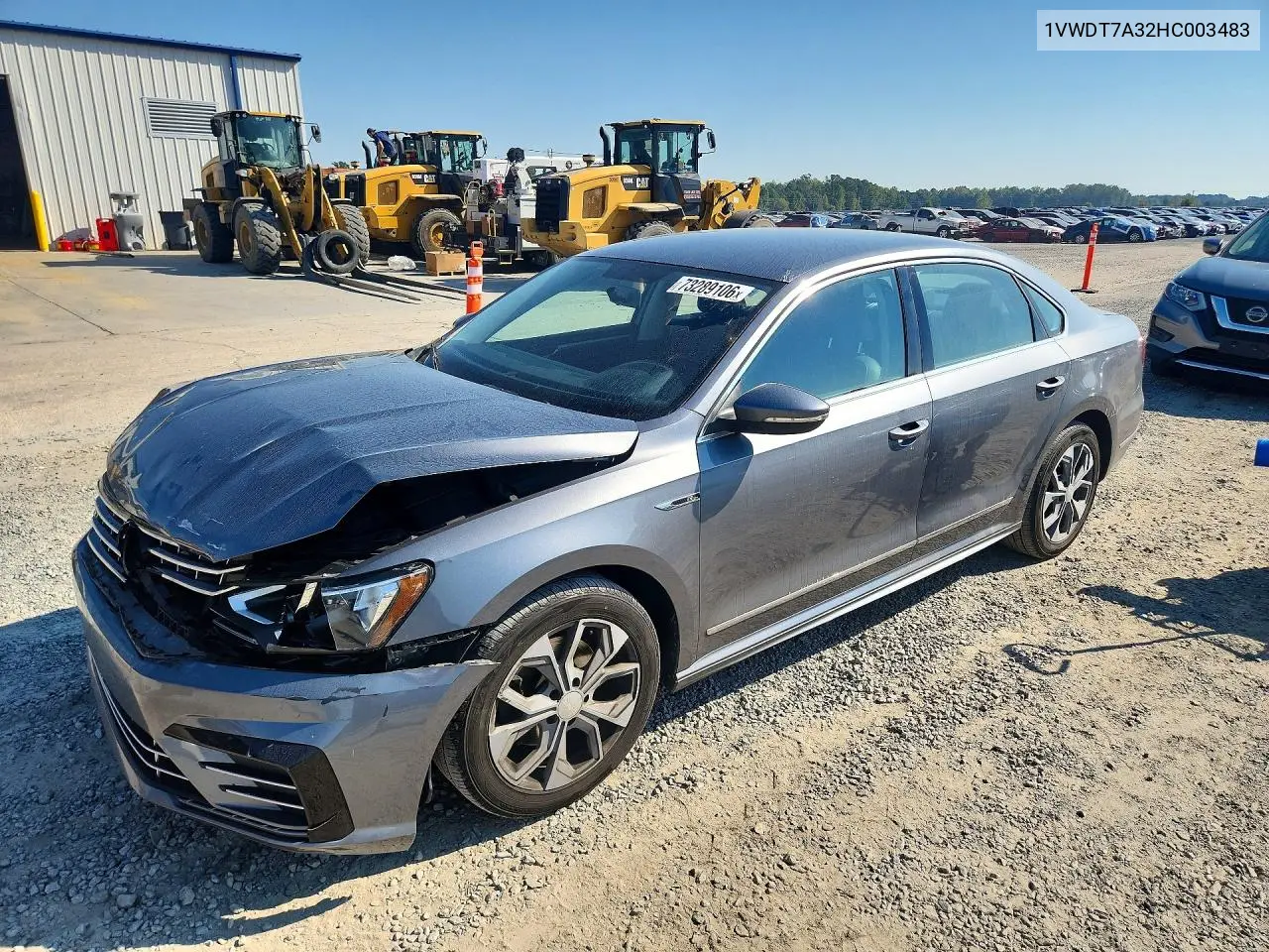 VOLKSWAGEN PASSAT 2017, VIN 1VWDT7A32HC003483