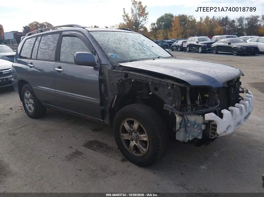 TOYOTA HIGHLANDER 2004, VIN JTEEP21A740018789