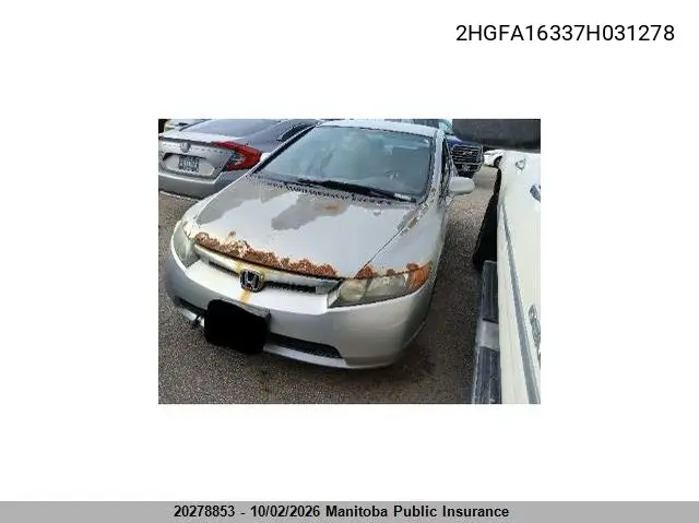 2007 HONDA CIVIC VIN 2HGFA16337H031278 — фото 2