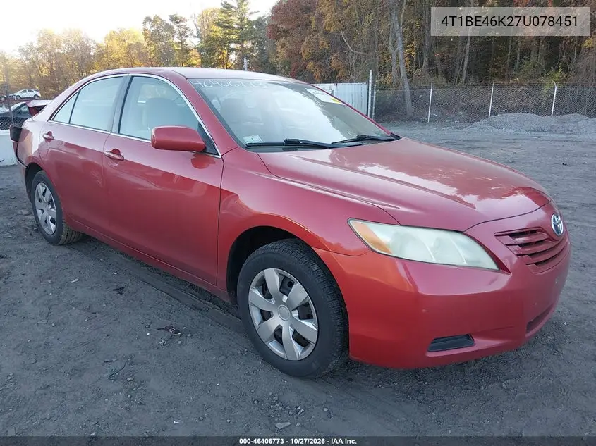 TOYOTA CAMRY 2007, VIN 4T1BE46K27U078451