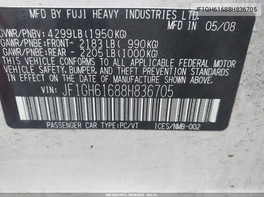 SUBARU IMPREZA 2008, VIN JF1GH61688H836705