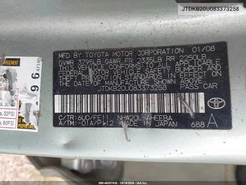 2008 TOYOTA PRIUS VIN JTDKB20U083373258 — фото 9