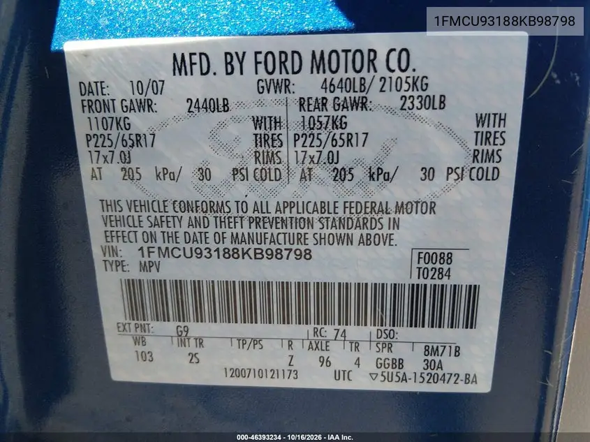 2008 FORD ESCAPE VIN 1FMCU93188KB98798 — фото 9