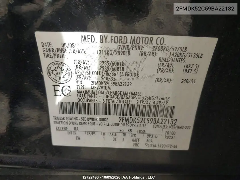 2009 FORD FLEX VIN 2FMDK52C59BA22132 — фото 9