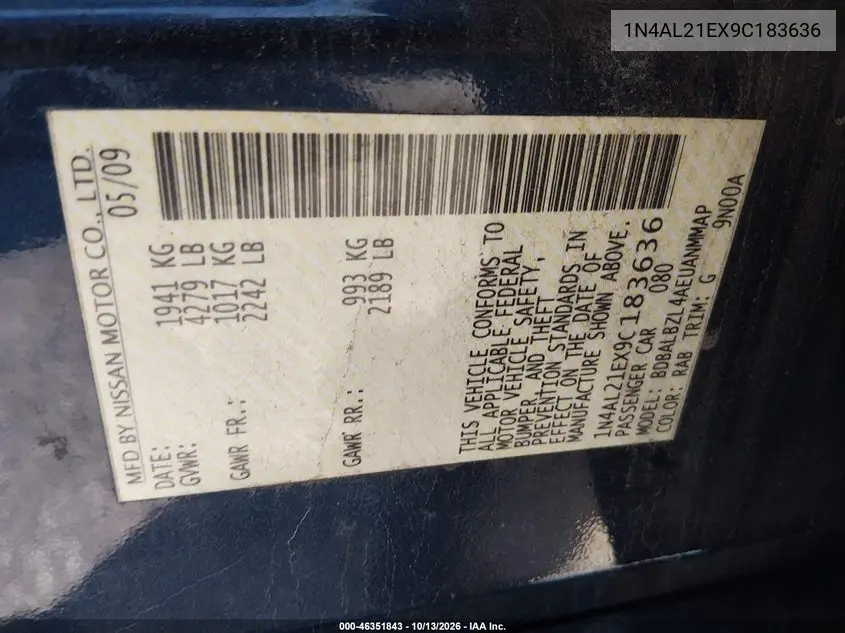 2009 NISSAN ALTIMA VIN 1N4AL21EX9C183636 — фото 9