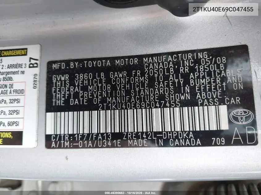 2009 TOYOTA MATRIX VIN 2T1KU40E69C047455 — фото 9