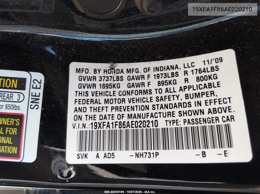 2010 HONDA CIVIC VIN 19XFA1F86AE020210 — фото 9