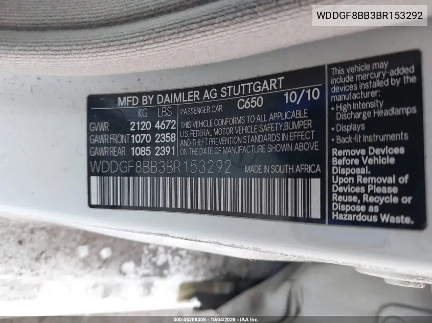 2011 MERCEDES C-KLASSE VIN WDDGF8BB3BR153292 — фото 9