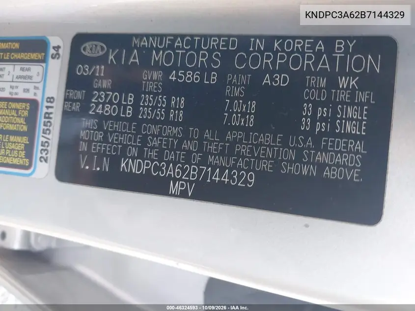 2011 KIA SPORTAGE VIN KNDPC3A62B7144329 — фото 9