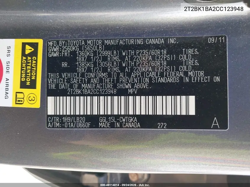 2012 LEXUS RX VIN 2T2BK1BA2CC123948 — фото 9