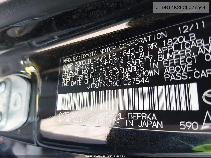 2012 TOYOTA YARIS VIN JTDBT4K36CL027544 — фото 9