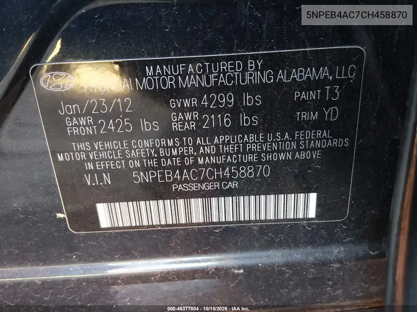 2012 HYUNDAI SONATA VIN 5NPEB4AC7CH458870 — фото 9