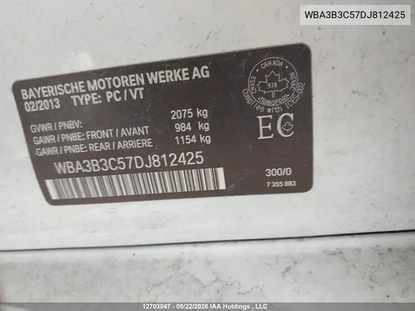 2013 BMW 3ER VIN WBA3B3C57DJ812425 — фото 16