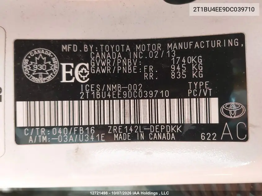 2013 TOYOTA COROLLA VIN 2T1BU4EE9DC039710 — фото 18