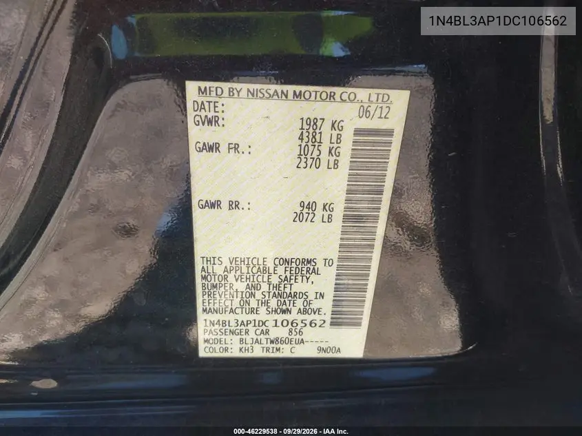 2013 NISSAN ALTIMA VIN 1N4BL3AP1DC106562 — фото 9