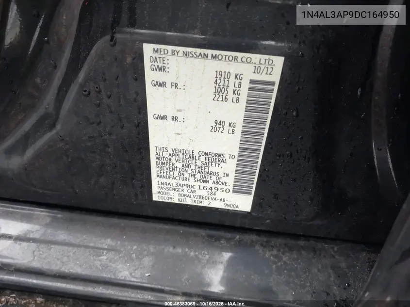 2013 NISSAN ALTIMA VIN 1N4AL3AP9DC164950 — фото 9