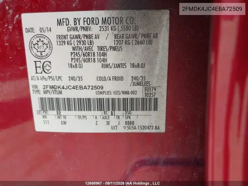 2014 FORD EDGE VIN 2FMDK4JC4EBA72509 — фото 9