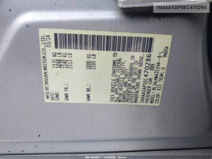2014 NISSAN MAXIMA VIN 1N4AA5AP5EC470286 — фото 9