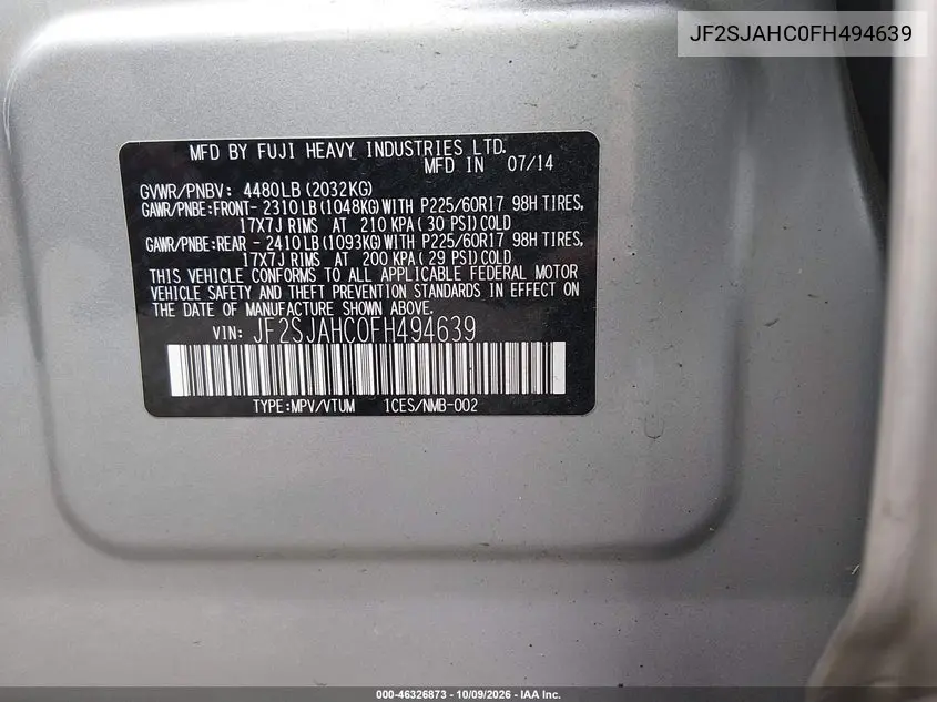 2015 SUBARU FORESTER VIN JF2SJAHC0FH494639 — фото 9