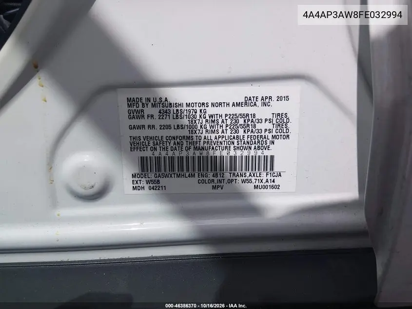 2015 MITSUBISHI OUTLANDER VIN 4A4AP3AW8FE032994 — фото 9