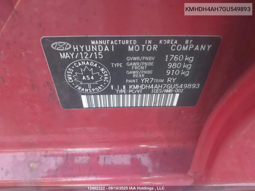 2016 HYUNDAI ELANTRA VIN KMHDH4AH7GU549893 — фото 9