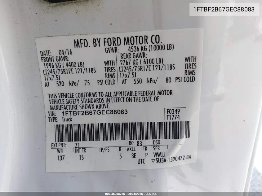 2016 FORD F250 VIN 1FTBF2B67GEC88083 — фото 9
