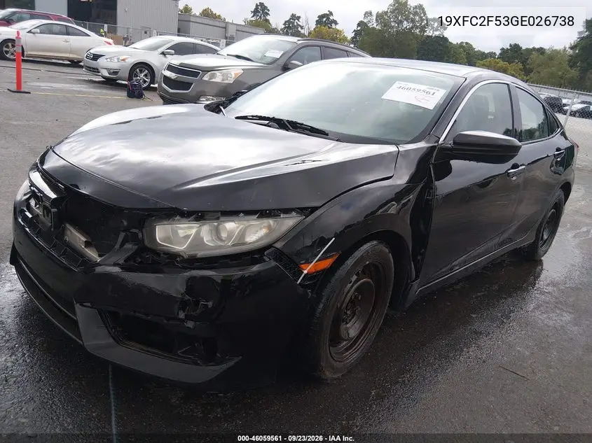 2016 HONDA CIVIC VIN 19XFC2F53GE026738 — фото 2