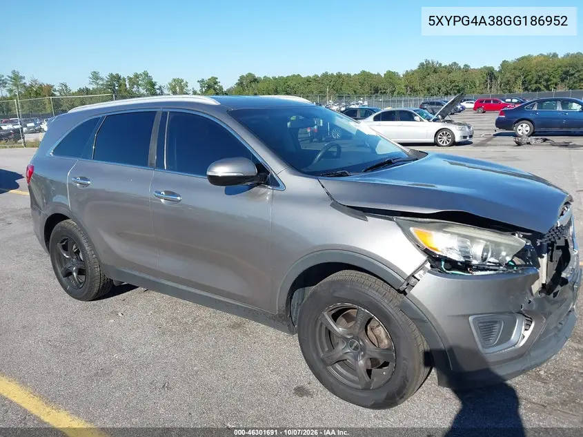 KIA SORENTO 2016, VIN 5XYPG4A38GG186952