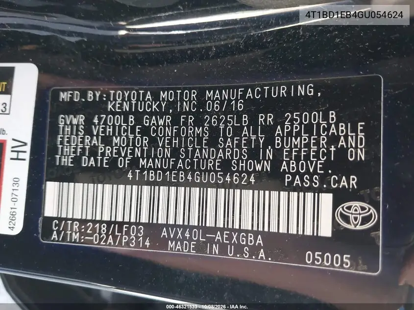 2016 TOYOTA AVALON VIN 4T1BD1EB4GU054624 — фото 9