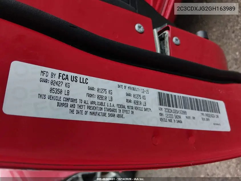 2016 DODGE CHARGER VIN 2C3CDXJG2GH163989 — фото 9