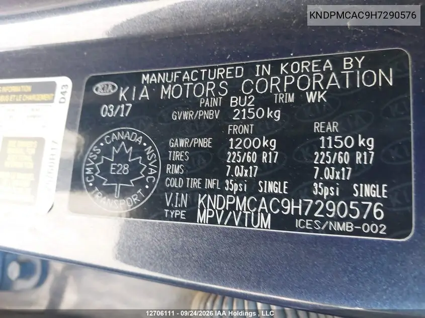2017 KIA SPORTAGE VIN KNDPMCAC9H7290576 — фото 9