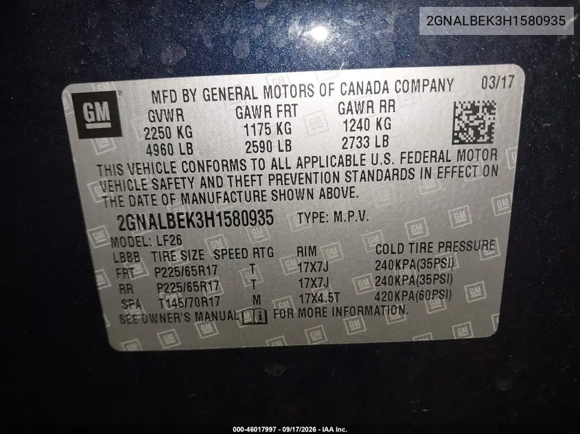 2017 CHEVROLET EQUINOX VIN 2GNALBEK3H1580935 — фото 9