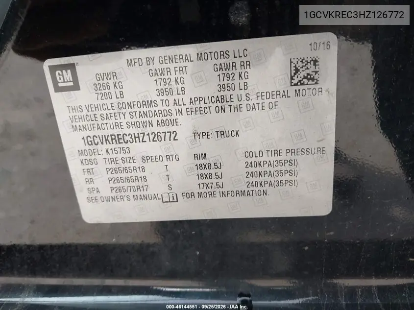 2017 CHEVROLET SILVERADO VIN 1GCVKREC3HZ126772 — фото 4
